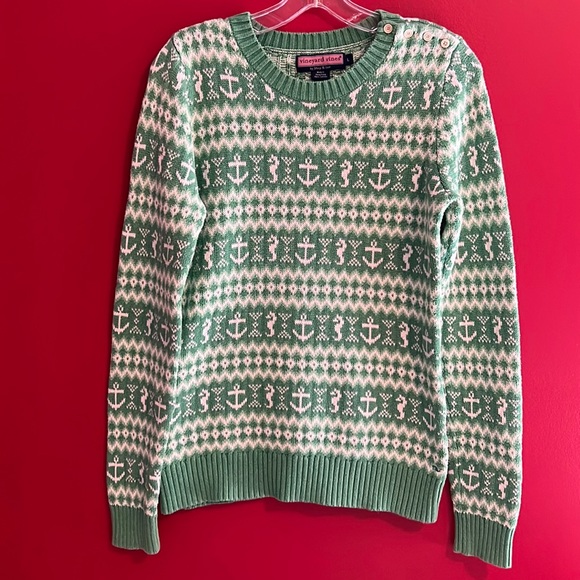 Vineyard Vines Green & White Anchor & Seahorse Cotton Sweater Sz L - Picture 1 of 9